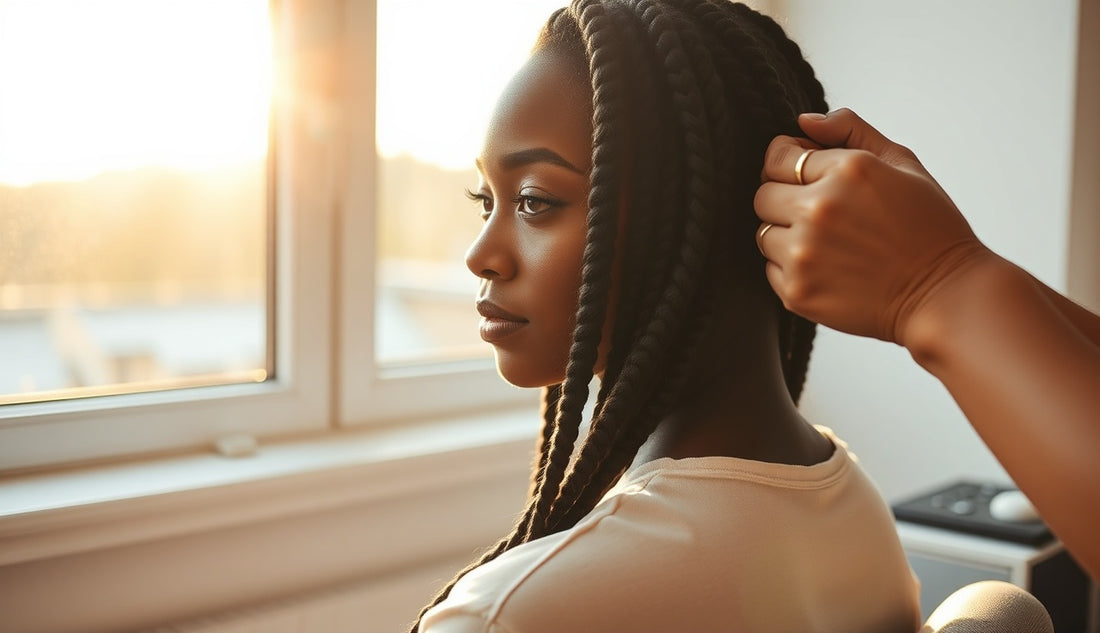 Black woman getting knotless braids installed showing healthy natural hairline