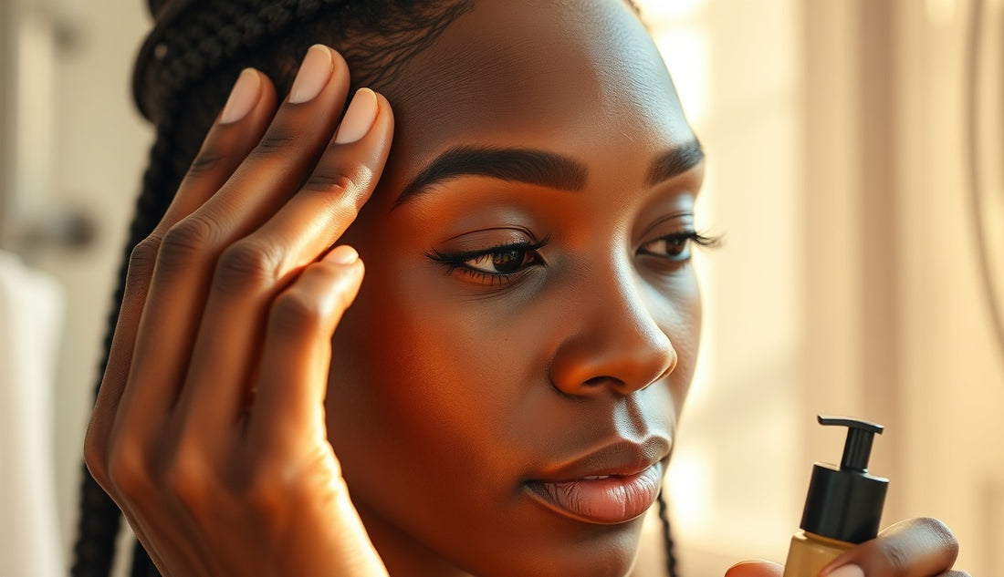 Woman applying scalp treatment to thinning hairline edges in morning light