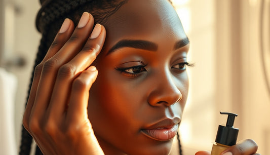 Woman applying scalp treatment to thinning hairline edges in morning light