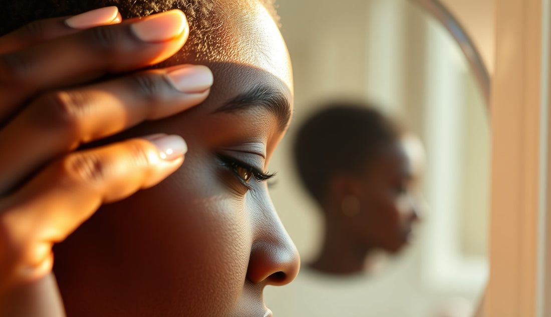 Black woman examining her hairline and thinning edges in morning light