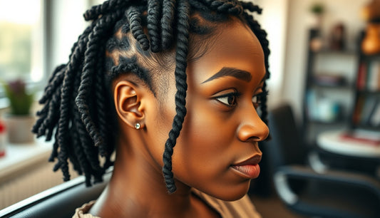Black woman with freshly installed butterfly locs crochet hairstyle in salon