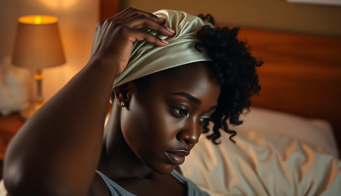 Black woman putting on a satin bonnet before bed to protect natural hair