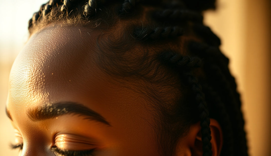 Close-up of a Black woman's thinning temple hairline with mature locs