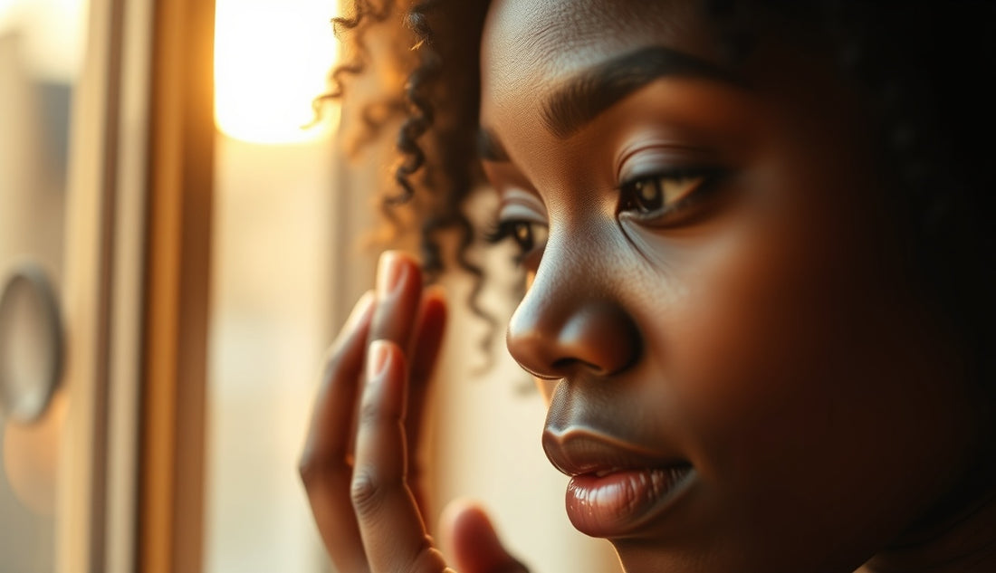 Black woman touching thinning edges in morning light, postpartum hair loss visible at hairline