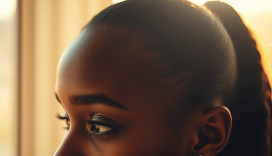 Black woman's thinning hairline and temples with hair pulled into a tight ponytail