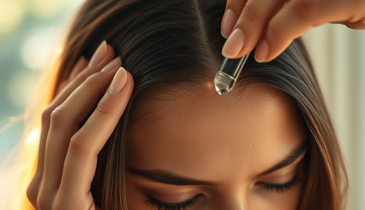 Woman applying edge drop serum to her thinning hairline in morning light