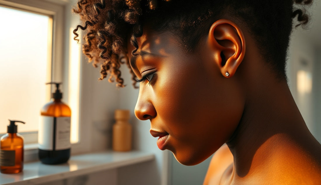 Black woman's natural hair and scalp with shampoo bottles on bathroom shelf