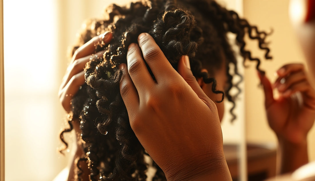 Woman finger-detangling wet coily textured hair to prevent breakage