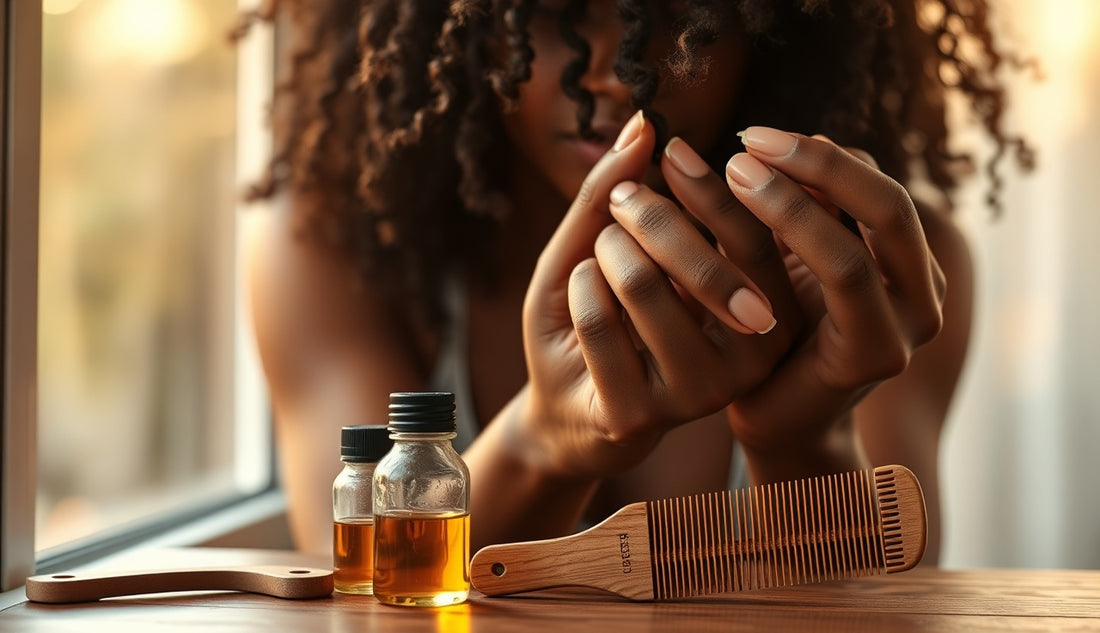 Black woman applying oil to natural textured hair edges in morning light