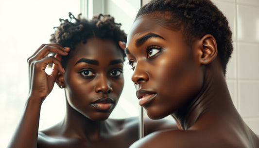 Black woman examining her hairline and edges in a bathroom mirror