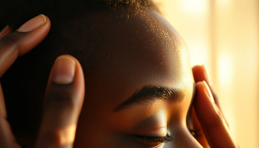 Black woman gently examining her thinning hairline edge in natural light