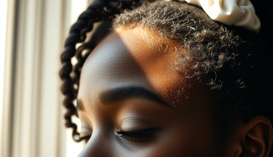 Black woman with thinning edges wearing a loose natural hair updo