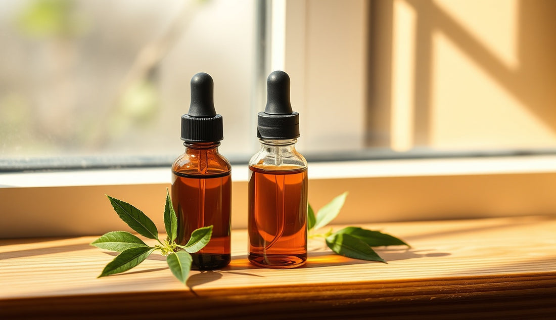 Two dropper bottles of castor oil side by side, one dark JBCO and one pale regular, on a wooden surface