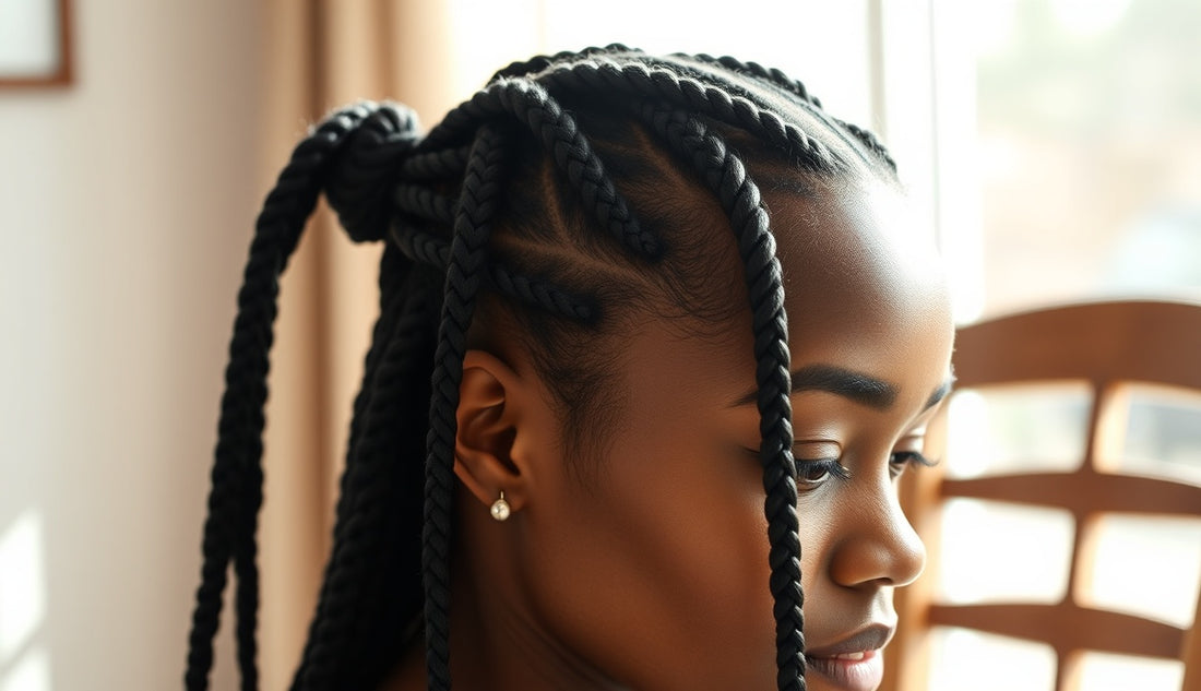 Black woman with freshly installed knotless box braids protective hairstyle in natural light