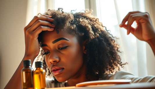 Woman with natural textured hair examining her hairline and edges in morning light