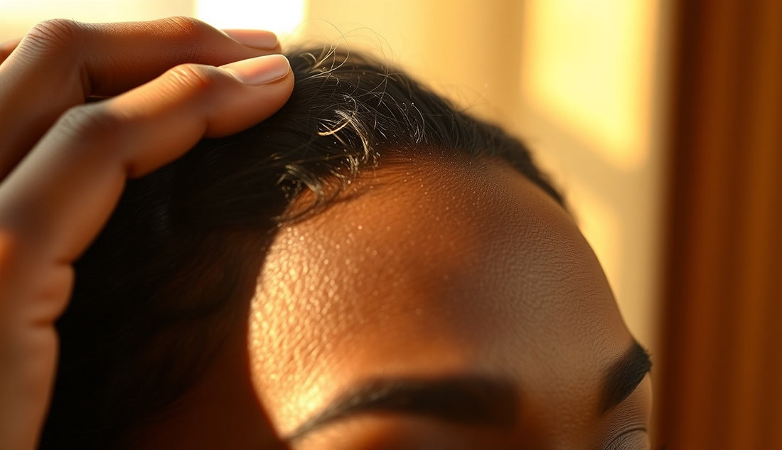 Black woman examining thinning edges at her temple in natural light