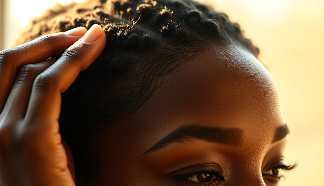 Black woman examining her hairline edges in warm natural window light
