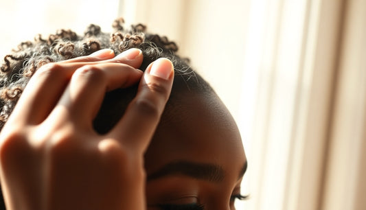 Black woman applying oil to thinning edges during hair transition