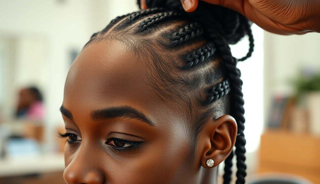 Stylist carefully braiding cornrows near a woman's thinning hairline edges