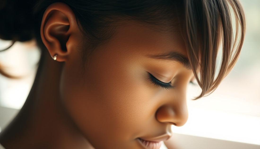 Black woman's hairline and temples with hair pulled back in a ponytail