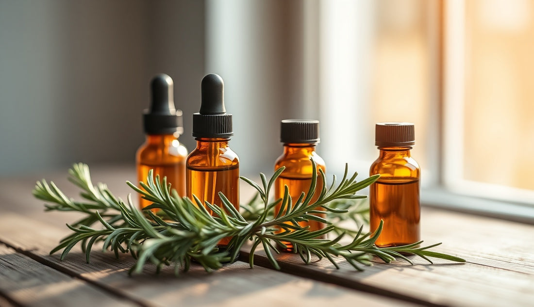 Amber dropper bottles with rosemary sprigs on wooden surface, natural hair growth products