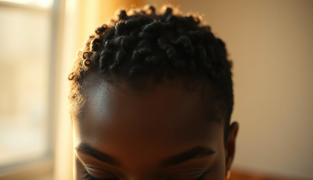 Natural coily hair at the crown parted to reveal new growth and texture
