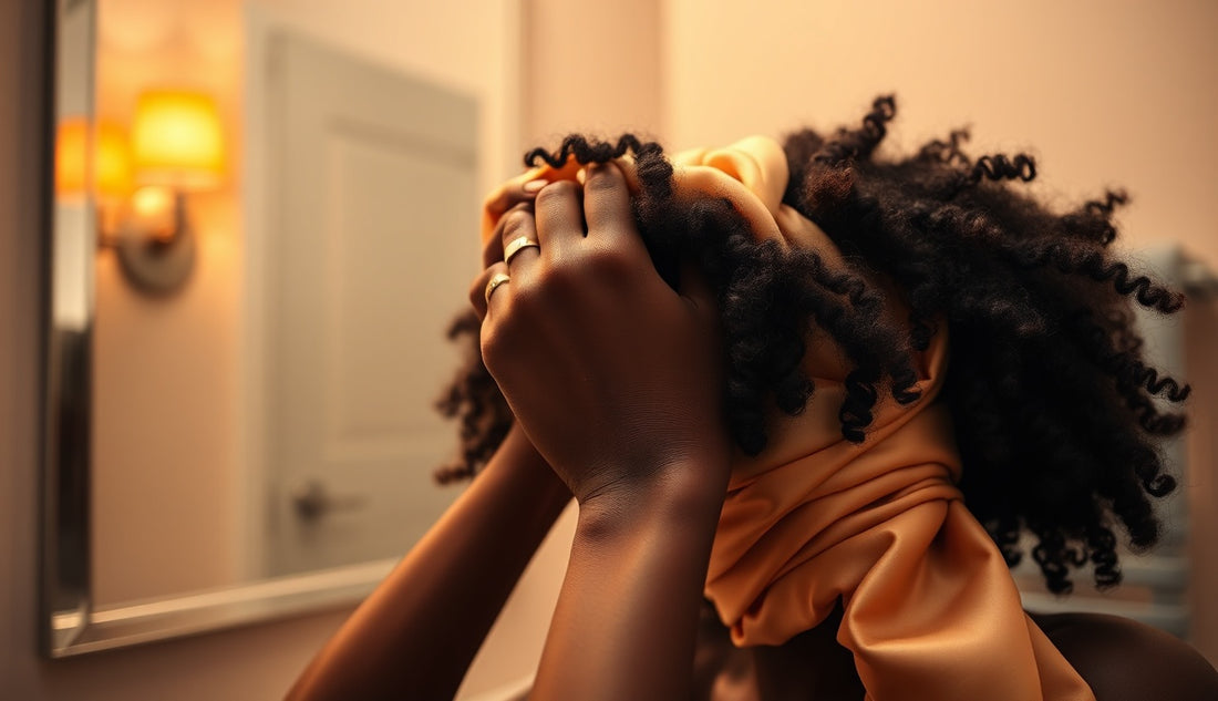 Woman wrapping natural coily hair in a satin scarf before sleeping