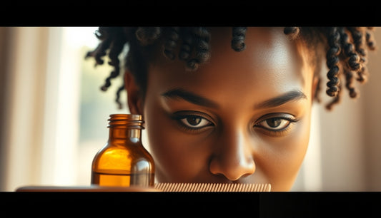 Black woman's hairline and temples in warm morning light with hair care tools