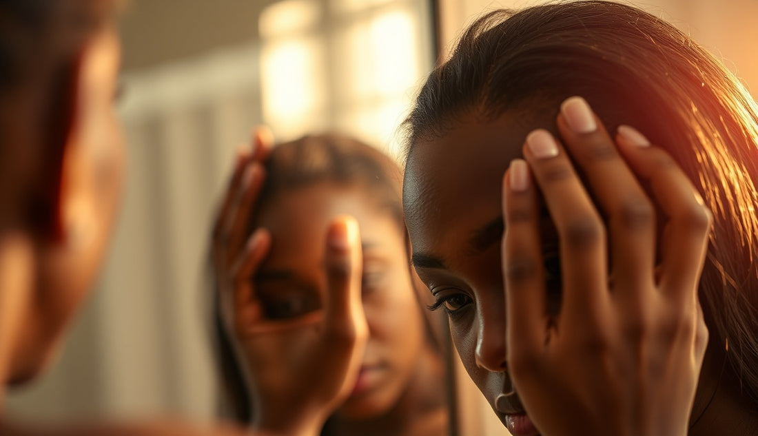 Black woman examining thinning left-side edges in bathroom mirror morning light