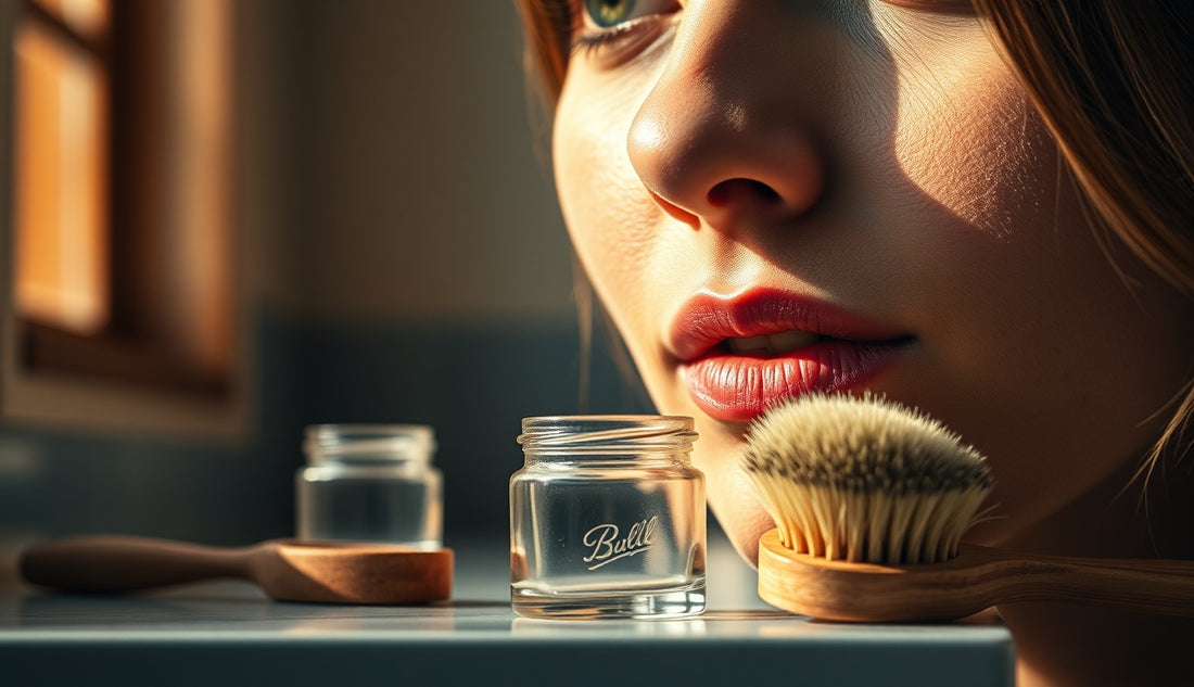 Woman gently smoothing natural hair edges at a bathroom vanity in morning light