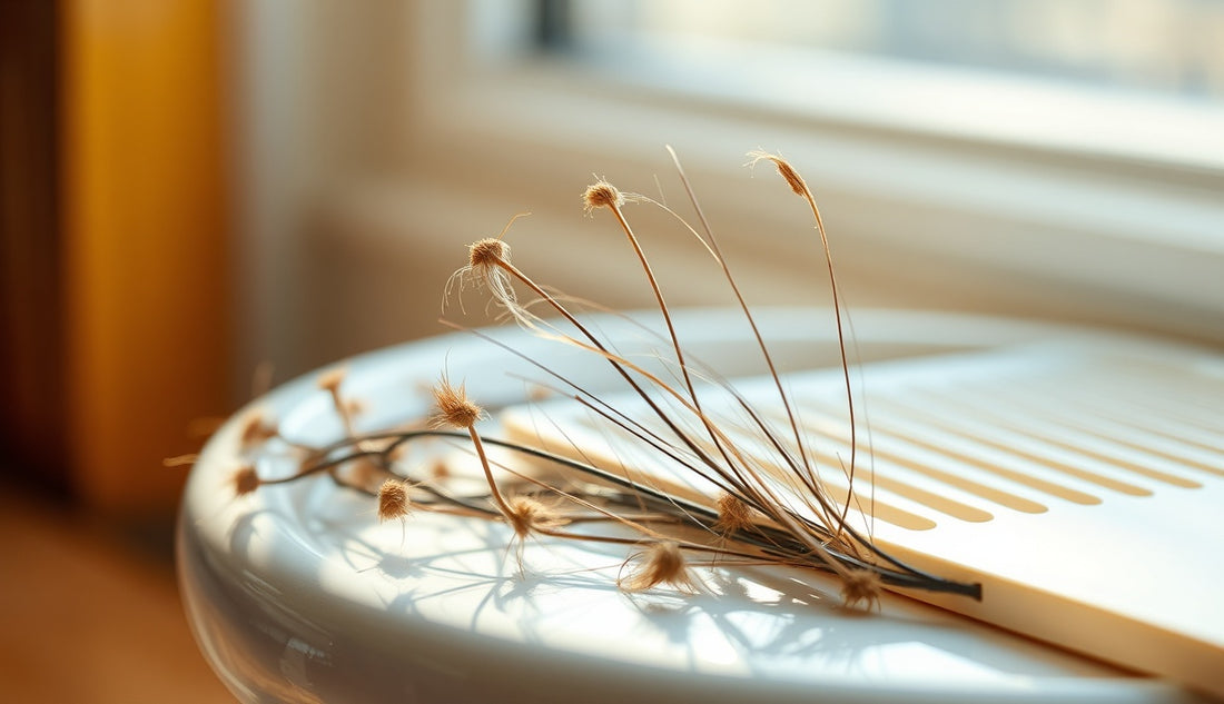 Close-up of frayed broken natural hair strands on white ceramic surface