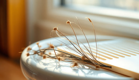 Close-up of frayed broken natural hair strands on white ceramic surface