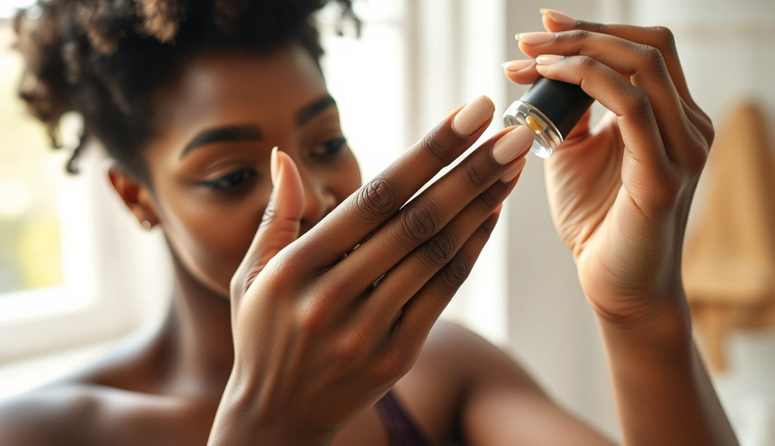Woman applying anti breakage serum to her thinning hairline edges in morning light