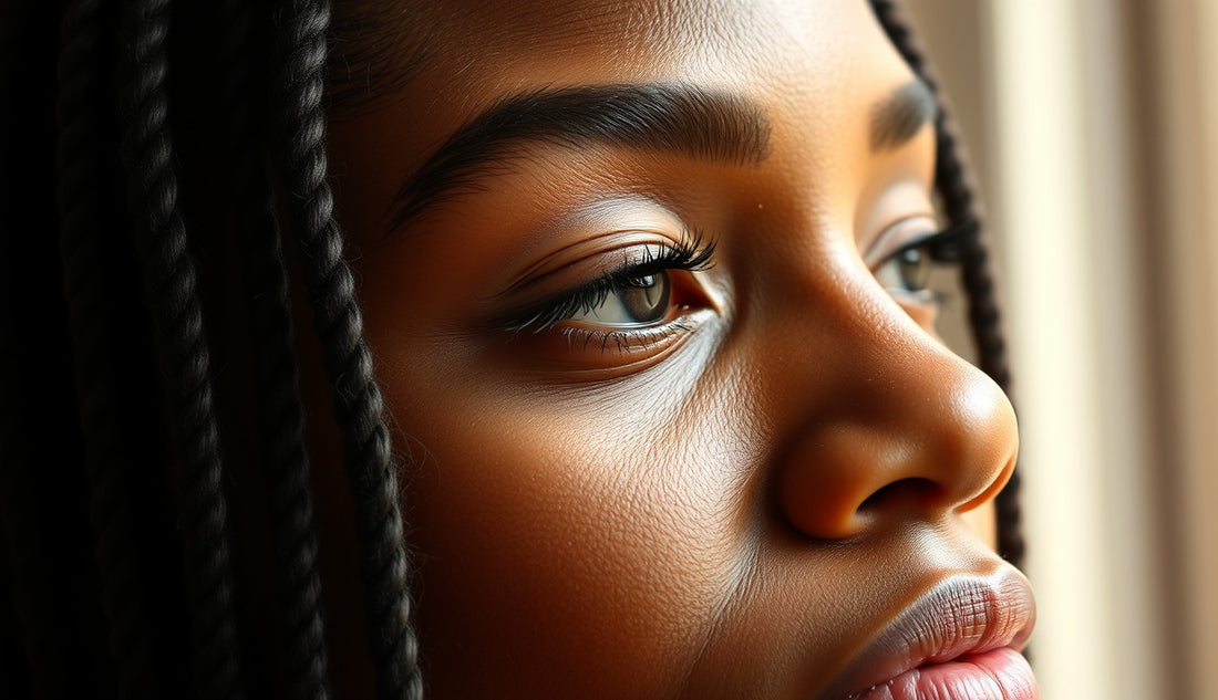 Close-up of wide flat cornrows starting just behind a woman's thin natural hairline