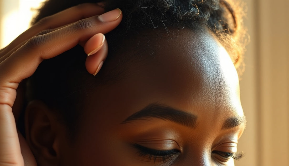 Black woman examining her thinning edges near the temple in natural light