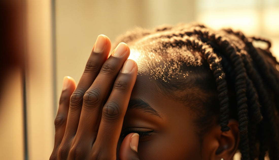 Black woman examining thinning edges and hairline in bathroom mirror