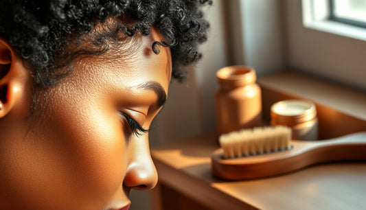 Black woman's temple hairline beside a glass jar of edge wax product on a wooden vanity