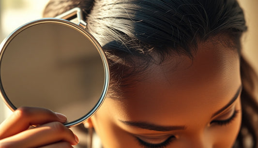 Black woman examining thinning edges in magnifying mirror near window