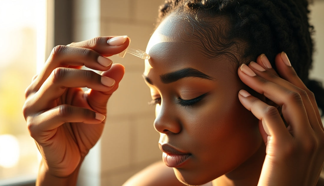 Black woman applying hair growth serum to postpartum thinning edges at hairline