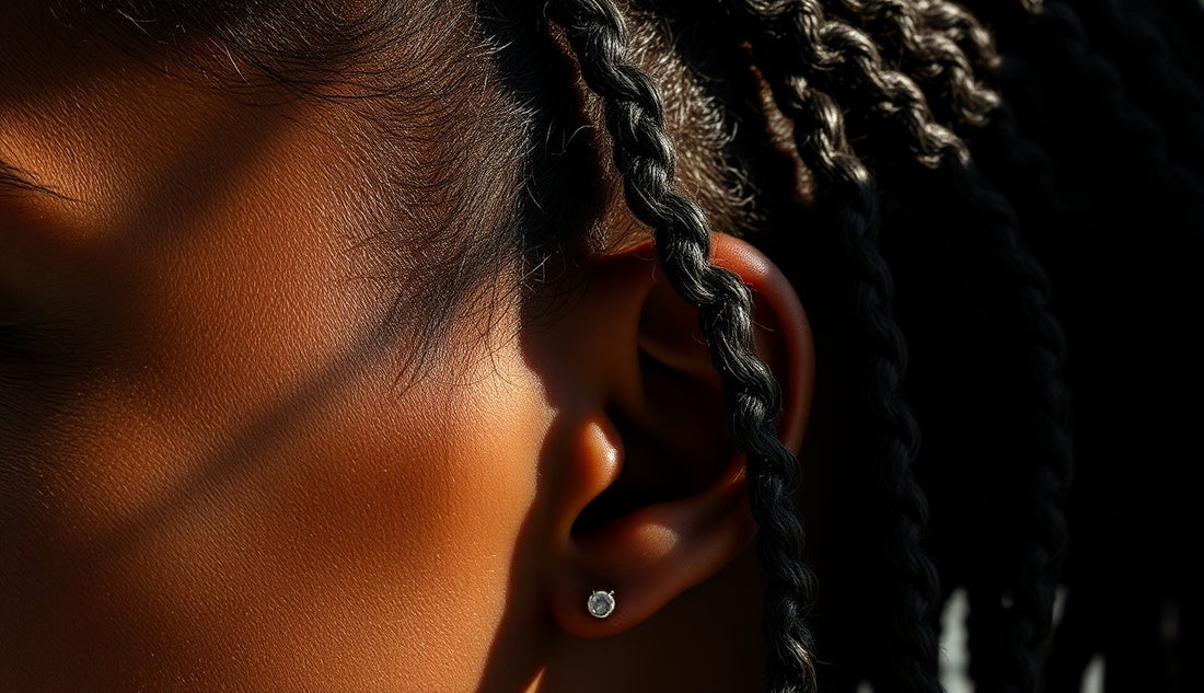 Black woman's hairline and temples showing dreadlocs in natural light