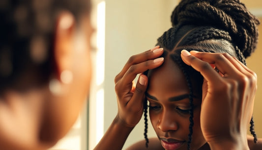 Black woman examining thinning edges in a bathroom mirror in morning light
