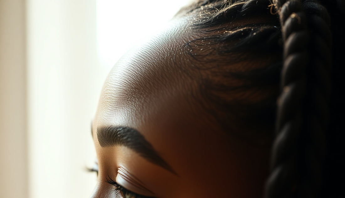 Black woman's temple hairline with mature dreadlocks in soft natural light