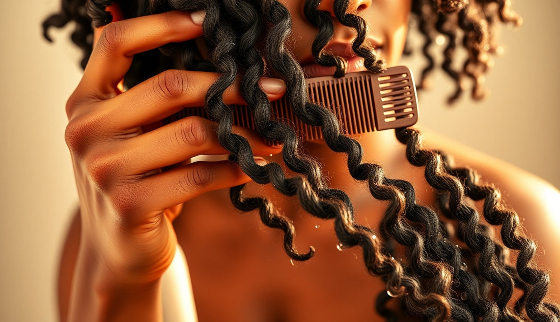 Black woman detangling natural coiled hair with wide-tooth comb in morning light