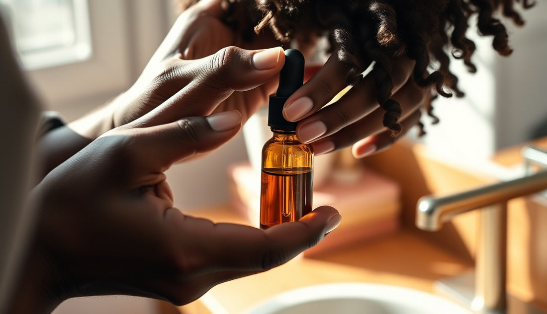 Hands applying natural oil to a thinning hairline for edge regrowth