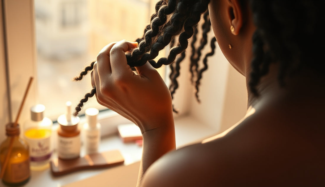 Close-up of hands braiding natural coily hair in soft afternoon light