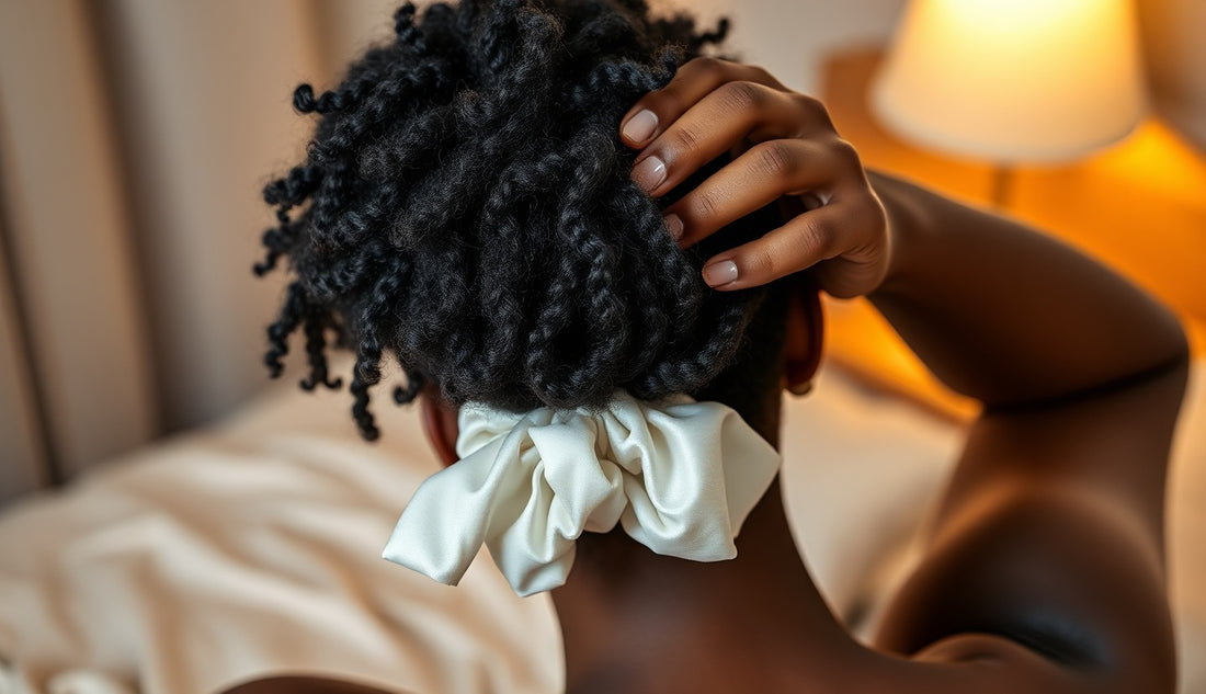 Black woman securing loose pineapple protective style before bed on satin pillow