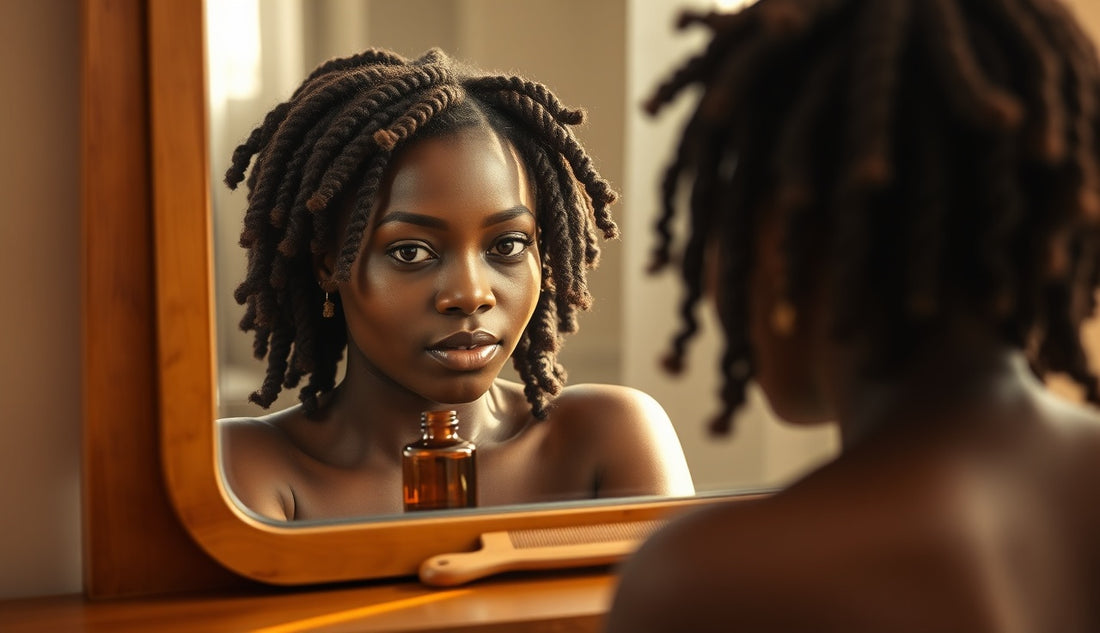 Black woman with loose two-strand twist protective hairstyle at vanity mirror