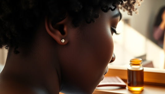 Black woman's thinning hairline at temples shown in natural window light