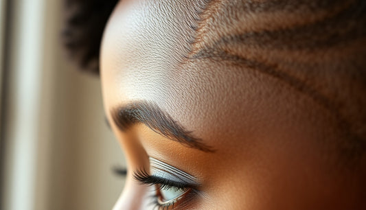 Black woman's hairline with fine new edge regrowth visible at the temple