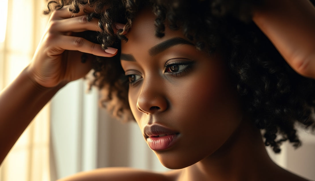 Black woman gently examining thinning edges and hairline in bathroom mirror